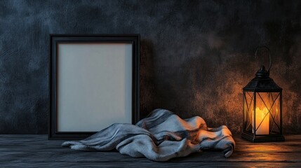 Poster - Dark Frame Candlelit Lantern Draped Fabric Still Life