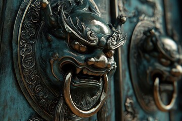 Detailed view of traditional Chinese door knockers