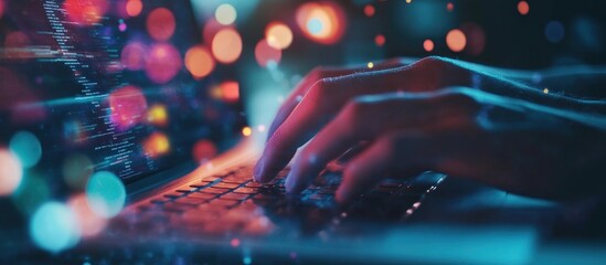 Night Coding: Hands Typing on Laptop with Colorful Bokeh Background