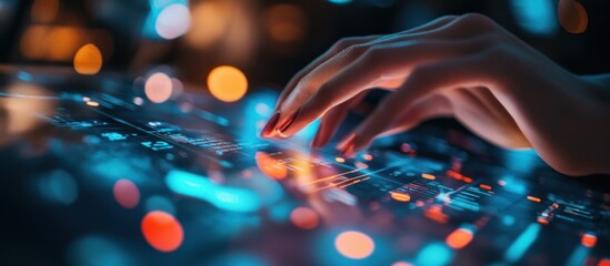 Digital Interaction: A Close-Up of a Hand Interacting with a Futuristic Interface