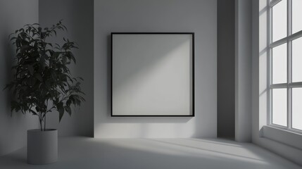 Poster - Minimalist Room Featuring a Blank Framed Canvas and Plant