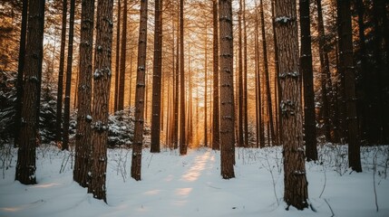 Poster - Golden Sunset Illuminates Snowy Forest Path