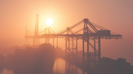 Poster - Silhouetted harbor cranes at sunrise shrouded in fog