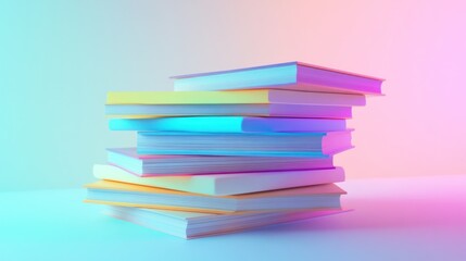 Poster - A Stack of Books in Pastel Colors Underneath Neon Lights
