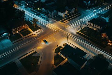 Aufkleber - A time-lapse effect of a busy intersection at night with light trails.
