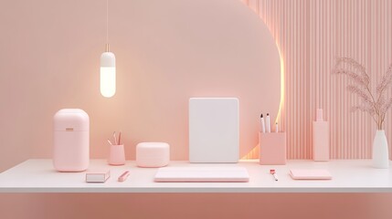 Poster - Pink minimalist workspace with modern design elements