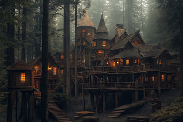 Poster - A towering treehouse village nestled in an ancient enchanted forest.