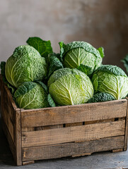 Wall Mural - Savoy cabbages in a wooden crate.