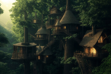 Poster - A towering treehouse village nestled in an ancient enchanted forest.