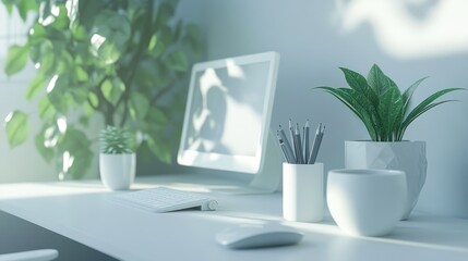 Poster - Minimalist White Workspace With Greenery Plants