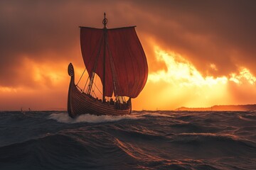 Poster - A Viking longship sailing across a stormy sea at sunrise