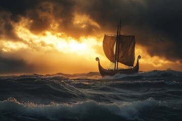 Poster - A Viking longship sailing across a stormy sea at sunrise
