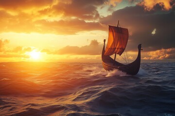Poster - A Viking longship sailing across a stormy sea at sunrise
