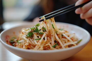 Wall Mural - Kongnamul Muchim a spicy mung bean sprout salad is a Korean side dish served with chopsticks