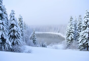 Wall Mural - winter landscape with snow and a Lake