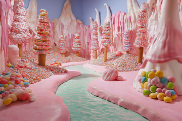 Poster - A whimsical candy land with rivers of chocolate and lollipop trees. 