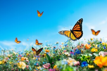Poster - A wildflower meadow in full bloom with butterflies hovering above