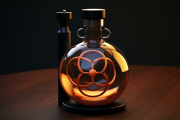 Poster - Intricate orange object glowing inside a spherical glass container placed on a wooden table, creating a captivating visual