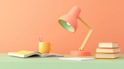 Poster - Pastel Desk Setting with Books Lamp and Pencils