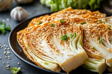 Wall Mural - Korean fermented side dish of napa cabbage kimchi garnished with white sesame seeds on a black plate