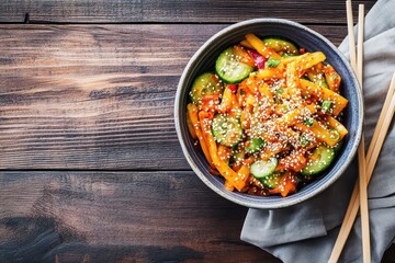 Wall Mural - Korean spicy cucumber salad with sesame seeds in a bowl with chopsticks on a wooden table viewed from above