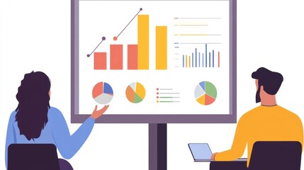 Poster - Businesspeople reviewing data charts and graphs on a screen