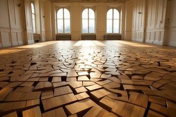 Poster - Sunlight illuminates broken wooden floor tiles forming an abstract pattern in an elegant room with large windows