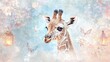 © Babb - A young giraffe gazes curiously with large eyes amidst a dreamy backdrop of soft flowers, butterflies, and glowing lanterns in daylight. The serene atmosphere highlights its gentle features