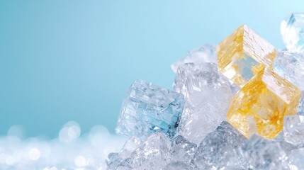 Wall Mural - Sparkling ice cubes on blue background; refreshing drink concept