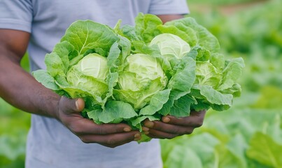 Wall Mural - Farmer harvesting cabbages in field