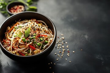 Wall Mural - Spicy Korean salad of mung bean sprouts garlic sesame seeds green onions soy sauce seasonings and red pepper Kongnamul Muchim