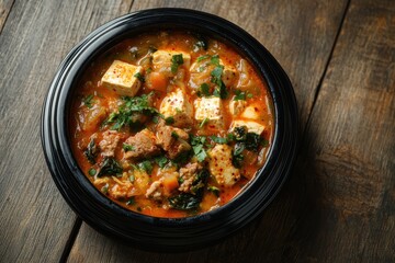 Wall Mural - Spicy Korean silken tofu stew with pork kimchi and vegetables in a black bowl on a wooden table