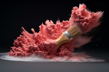 Poster - Coral pink powder exploding from a paintbrush on a black background, creating a dynamic and colorful abstract image