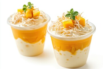 Wall Mural - Two bowls of mango dessert topped with cream cheese bamboo sauce and mango set on a white backdrop Close up