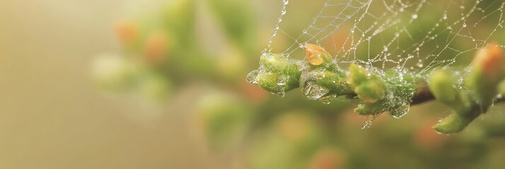 Dew-covered spider web on green plant in morning light reflects nature's beauty