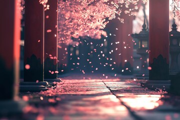 Poster - Cherry blossoms falling gently onto a quiet temple pathway