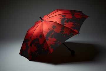 Poster - Closed red umbrella with black splatter pattern resting on gray studio background, creating elegant and stylish composition