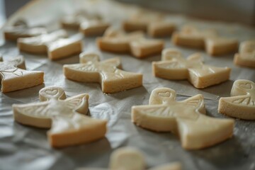 Wall Mural - Angel shaped sugar cookies on baking paper for Valentine s Day Homemade