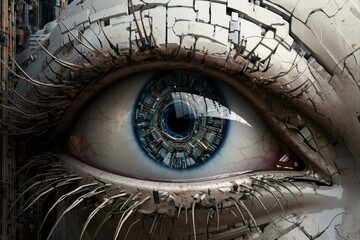 Poster - Close up of a cyborg eye showcasing advanced technology, blending biology and mechanics in a futuristic concept of artificial intelligence
