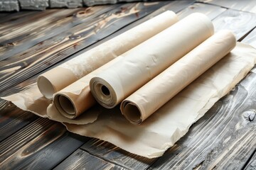 Wall Mural - Baking paper rolls on wooden table