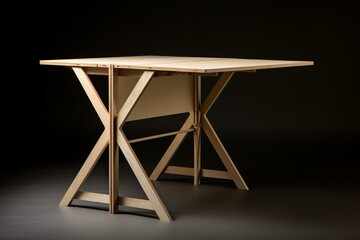 Poster - Light wooden folding table with crossed legs standing on a dark background