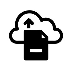 Poster - Cloud icon with an arrow pointing up from a document, simple black silhouette on white. Use for cloud storage, data upload, or technology related sites and blogs.