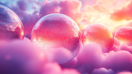 Wall Mural - series of pink spheres floating in the sky. the spheres are surrounded by a pink cloud. the image ha
