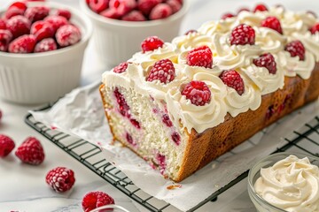 Wall Mural - Closeup of raspberry loaf cake on parchment paper with fresh raspberries and frosting in background