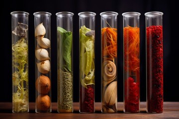 Poster - glass test tubes filled with colorful spices and herbs, suggesting scientific food analysis and expe