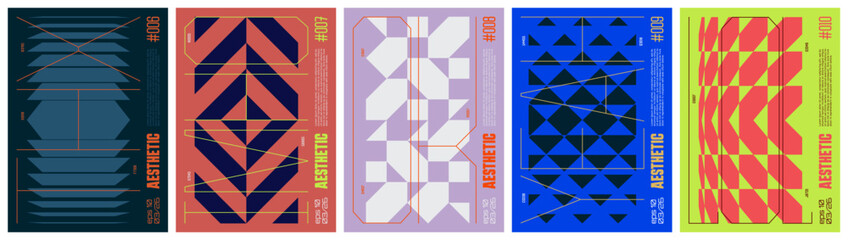 Poster - Tech brutalism colorful trendy poster, abstract geometric composition graphic in Y2K aesthetics, vector simple shapes cyberpunk print artwork modernism and futuristic minimalistic style A4 format set 