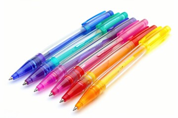 Brightly colored gel pens arranged neatly, showcasing a spectrum of vibrant hues and designs against a white background isolated on transparent background