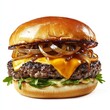 © Soulc - A classic beef burger with caramelized onions and cheddar cheese, isolated white background, realism art style