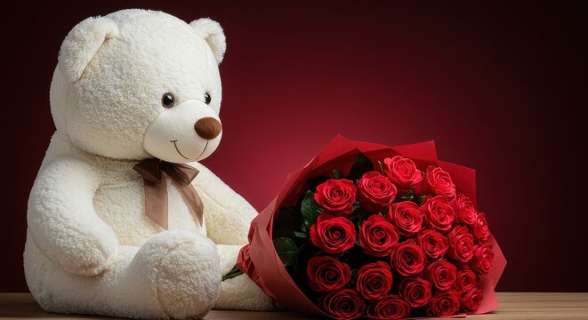 A large white Valentines day plush teddy bear with a round head is seated just beside a red rose bouquet big bouquet of natural roses