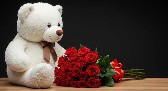 A large white Valentines day plush teddy bear with a round head is seated just beside a red rose bouquet big bouquet of natural roses